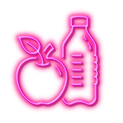 Healthy food and drink line icon. Water with apple sign. Neon light effect outline icon.