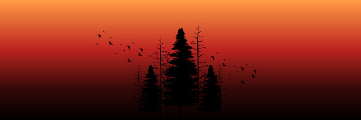 sunset pine tree silhouette flat design vector banner template good for web banner, ads banner, tourism banner, wallpaper, background template, and adventure design backdrop
