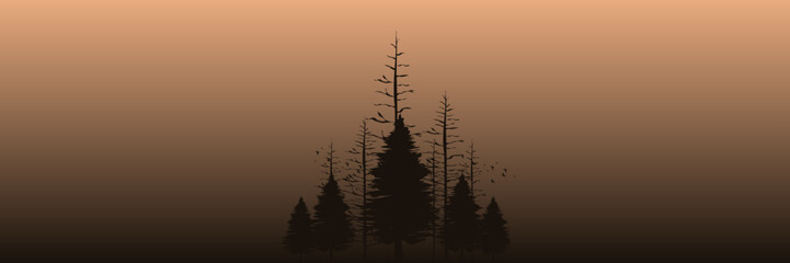 sunset pine tree silhouette flat design vector banner template good for web banner, ads banner, tourism banner, wallpaper, background template, and adventure design backdrop