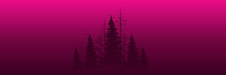 sunset pine tree silhouette flat design vector banner template good for web banner, ads banner, tourism banner, wallpaper, background template, and adventure design backdrop