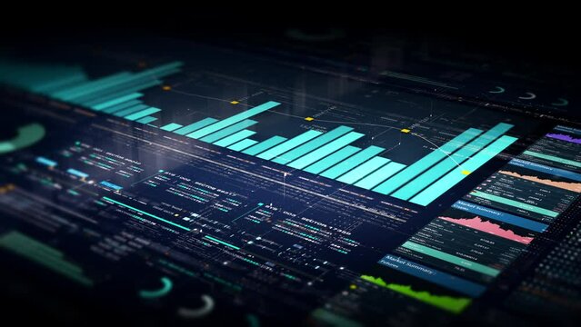 Business stock market, trading, info graphic with animated graphs, charts and data numbers insight analysis to be shown on monitor display screen for business meeting mock up theme