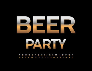 Vector metallic sign Beer Party. Modern Golden Font. Creative Alphabet Letters and Numbers set