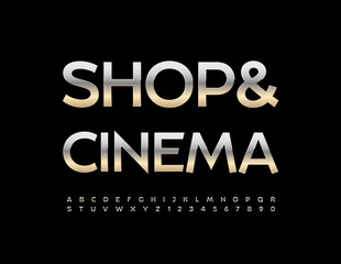 Vector  advertising banner Shop and Cinema. Modern Silver Font. Metallic Alphabet Letters, Numbers and Symbols