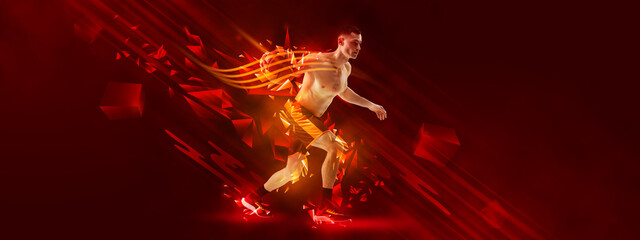Creative poster with male basketball player in motion, playing over red background with polygonal...