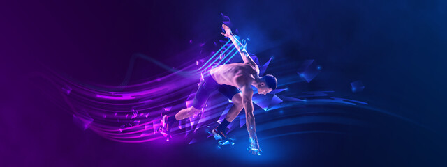 Young muscular athlete, runner or jogger posing over blue background neon elements. Concept of...