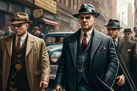Generative Ai, Generative, Ai, Mobsters in early deys, on the streets,  Mafia people in suits, with vintage cars, retro vintage look scene image, 1930, 1940, 1950, Not a real person