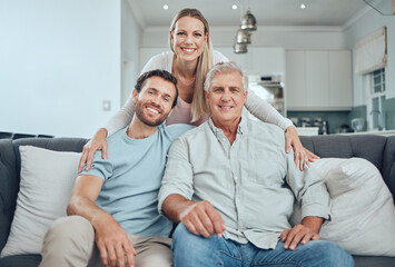 Family, portrait and relax on sofa in living room, smiling and bonding. Love, care and happy man, woman and grandfather sitting on couch having fun, smile and enjoying quality time together in house.