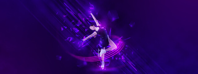 Creative poster with sportive teen girl, junior female figure skater skating over blue background with neon polygonal elements. Winter sports
