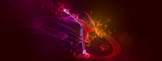 Creative poster with sportive teen girl, junior female figure skater skating over dark red...