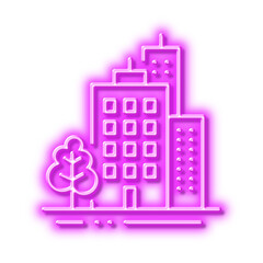 Buildings line icon. City architecture with tree sign. Skyscraper building. Neon light effect outline icon.