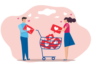 Valenine day,young man and woman holding hearts,Like, rate on social networks, chat in the messenger . Concept of love Flat vector illustration