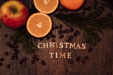Banner Christmas time on a dark background. Coffee, orange, Christmas tree