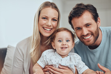 Family, portrait and baby with mother and father, smiling and bonding. Love, care and happy infant, kid or child with parents, man and woman, having fun and enjoying quality time together in house.