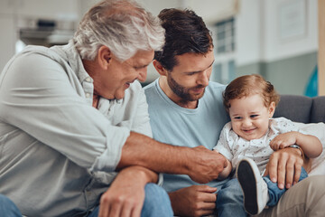 Family, father and grandfather play with baby in home, having fun and bonding. Love, care and man...