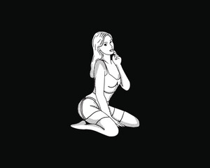vintage hand drawing illustration sexy pose woman retro style