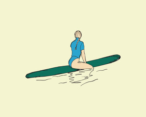 vintage hand drawing illustration vector woman floating  surf board