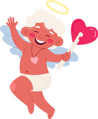 Cute cupid flat icon Happy angel with balloon