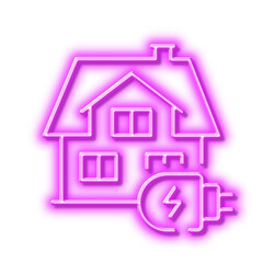 Home charging line icon. House car charger sign. Neon light effect outline icon.