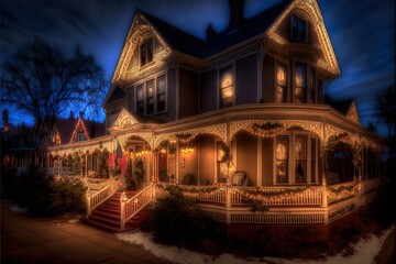 Fototapeta na wymiar This row of traditional, Victorian style, wood-siding homes are beautifully and tastefully decorated for the Holiday Season. Please view my portfolio for other Christmas Lights images. Generative AI
