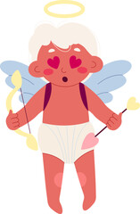 Cute cupid with bow and arrow flat icon Funny angel