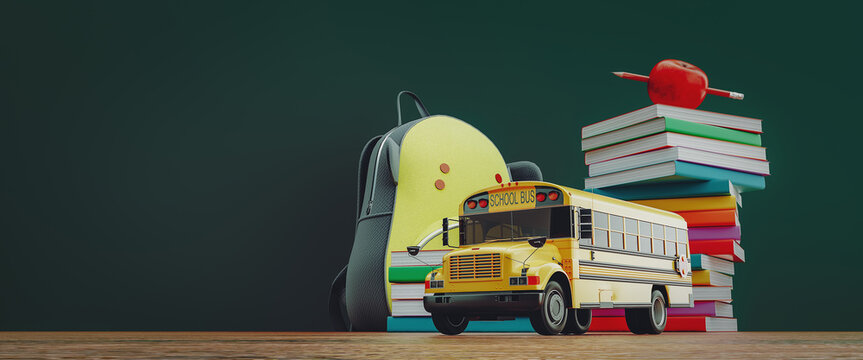 school bus and book and pencil. back to school concept