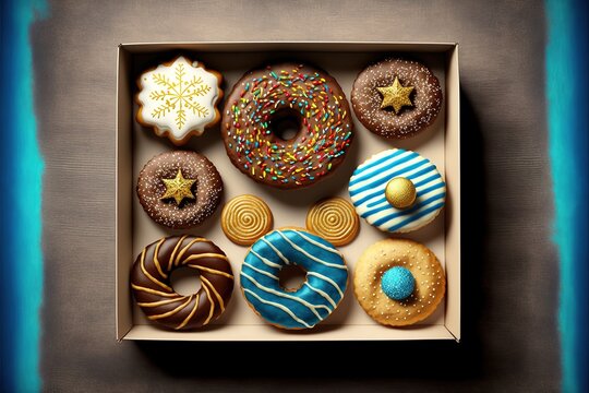 Top view image for jewish holiday Hanukkah with traditional donuts, menorah and gift box stock photo. Generative AI