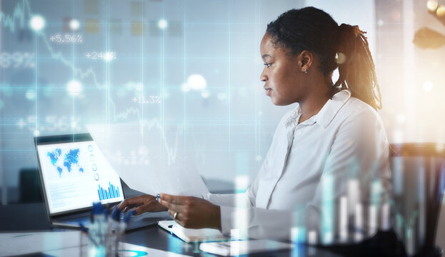 Business woman, computer finance and fintech software and cloud computing for marketing strategy, networking or company growth research. Lens flare hologram overlay or stock market infographics - Powered by Adobe