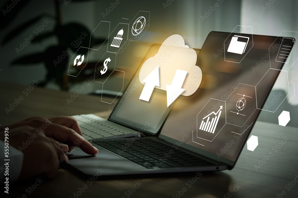 Poster cloud technology man use laptop technology load cloud computing internet to networking communication