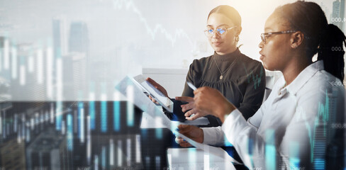 Women, tablet or documents in futuristic finance management, stock market trading or investment...