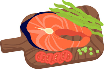 Tasty salted salmon with vegetables flat icon Food blog