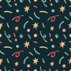 Christmas seamless pattern with stars and ribbons on a dark green background. Watercolor illustration. Wallpaper. Holiday. New Year. Print on fabric and wrapping paper. Winter. Season. Art. Design.