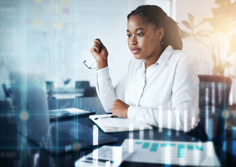 Business, data and black woman in office with overlay, digital information for financial growth...