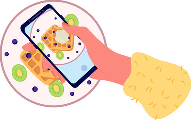 Food blog flat icon Taking photo Waffles for breakfast