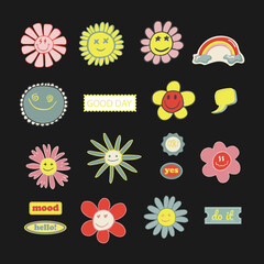 Pop Art Sticker Pack. Collections Of Cute Emoji Smile Badges Flowers Inscriptions. Clipart. Isolated on a dark background. Vector illustration