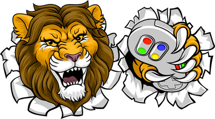 A lion gamer with video game controller sports team animal mascot