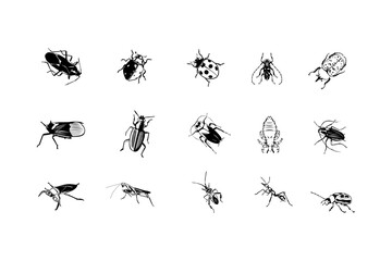 Pests and various insects set vector icons, white back grounds.