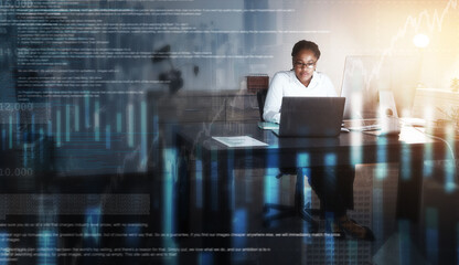 Software, data and woman in office overlay working on digital finance report or futuristic data...