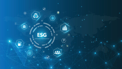 Sustainable business on networked connection vector illustration on blue color background. ESG icon concept .Environmental,Social and Corporate Government.