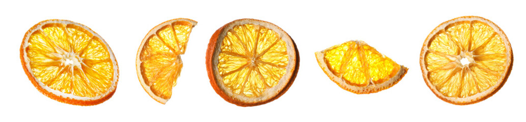 Collage with dry orange slices on white background, banner design