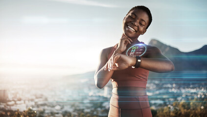 Fitness, black woman and checking digital watch for heart rate, pulse or cardio performance in...