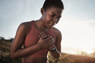 Black woman, runner and heart attack pain in nature while running outdoors. Sports, cardiovascular emergency and female athlete with chest pain, stroke or cardiac arrest after intense cardio workout. - obrazy, fototapety, plakaty