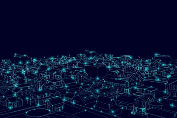 Outline of a city made of blue lines with glowing lights made of blue lines isolated on a dark background. Vector illustration.