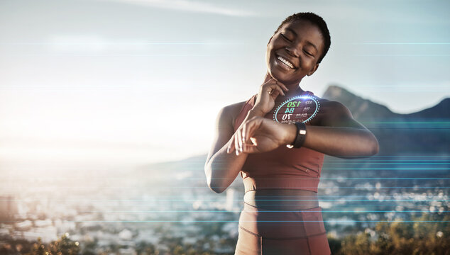 Fitness, Black Woman And Checking Digital Watch For Heart Rate, Pulse Or Cardio Performance In Nature. African Woman Monitoring Hologram, Futuristic Or 3d Watch After Exercise Or Workout In The City