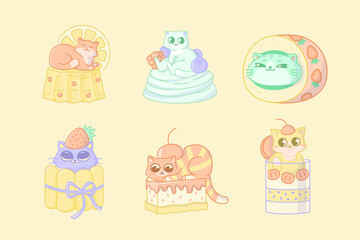Set of cute happy cats and desserts. Cartoon illustration