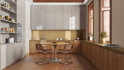 Fototapeta premium Modern trendy kitchen and dining room in white and yellow tones. Wooden cabinets and big window. Minimalist farmhouse interior design