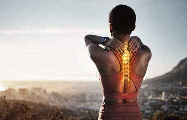 Spine injury, skeleton and back pain of fitness woman on mountains with sky background for sports...