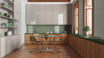 Modern trendy kitchen and dining room in white and green tones. Wooden cabinets and big window. Minimalist farmhouse interior design