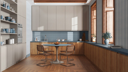 Modern trendy kitchen and dining room in white and blue tones. Wooden cabinets and big window. Minimalist farmhouse interior design