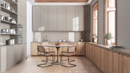 Modern trendy kitchen and dining room in white and bleached tones. Wooden cabinets and big window. Minimalist farmhouse interior design