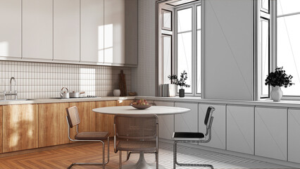 Architect interior designer concept: hand-drawn draft unfinished project that becomes real, japandi trendy kitchen and dining room. Minimalist style